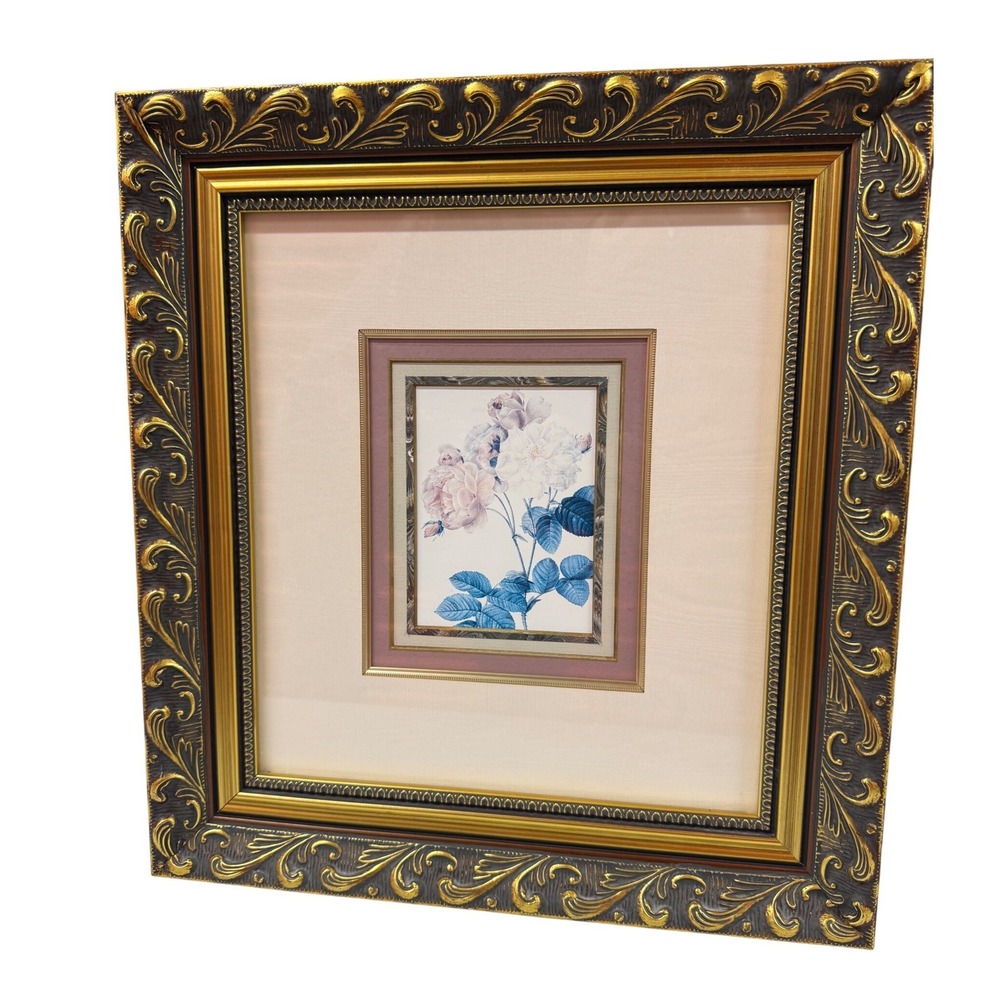 Vintage Floral Botanical Rose Art Print Ornate Gold Gilt Scrollwork Frame Mated